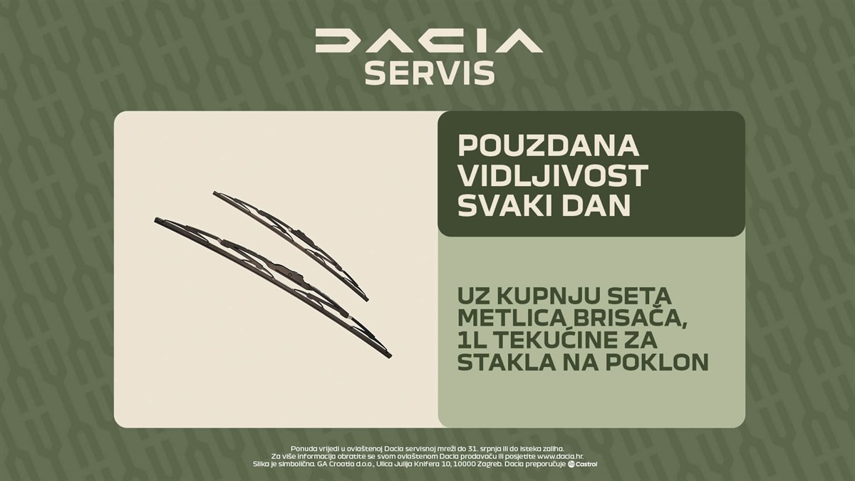 Dacia Servis vizual s metlicama brisača na zelenoj podlozi.