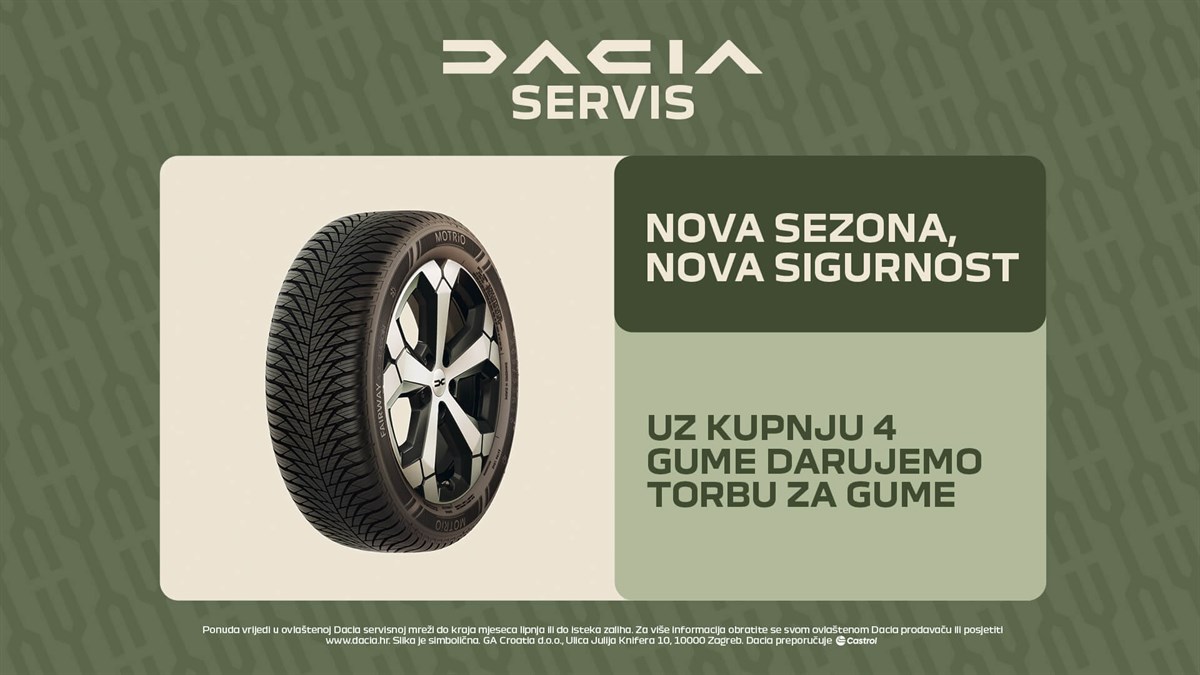 Dacia Servis vizual s gumom na lijevoj strani i tekstom nova sezona nova sigurnost uz kupnju četiri gume darujemo torbu za gume na zelenoj i bež pozadini