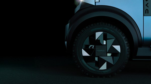 Detalj bočnog dijela konceptnog vozila Dacia Hipster s naglaskom na kotač i blatobran.