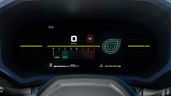 Digitalna instrumentna ploča u Dacia vozilu prikazuje način vožnje u Eco režimu, brzinu, potrošnju goriva i domet, s naglaskom na LPG tehnologiju.
