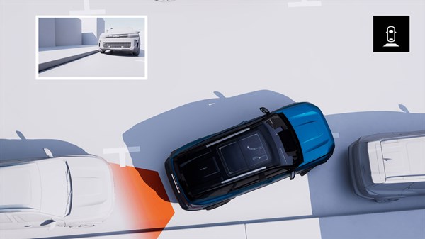 Grafički prikaz Dacia SUV vozila s aktivnim sustavom za pomoć pri manevriranju.