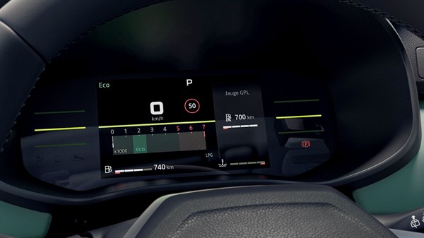 Digitalna instrumentna ploča s prikazom načina vožnje Eco, brzine i dosega na benzin i LPG