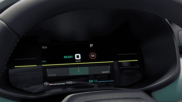 Digitalna instrumentna ploča vozila Dacia prikazuje način rada Eco, električni pogon i doseg