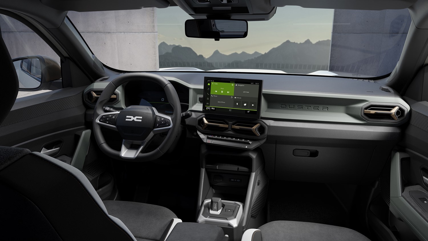 Unutrašnjost vozila Dacia Duster s istaknutim središnjim ekranom, upravljačem i modernom komandnom pločom.