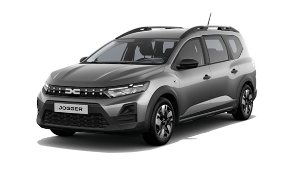 Vozilo Dacia Jogger Essential  ECO-G 120 u sivoj boji, prikazano sprijeda s lijeve strane na bijeloj pozadini.