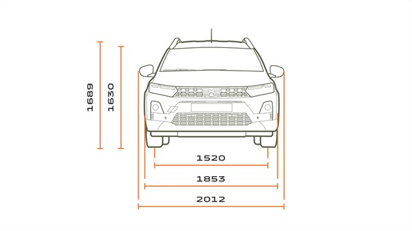 Tehnička skica prednje strane vozila Dacia Jogger s prikazanim širinama i visinama.