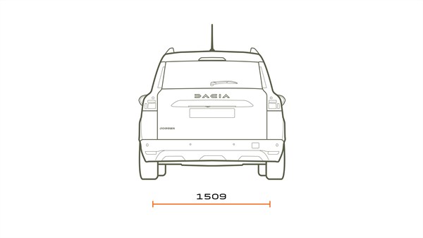 Tehnička skica stražnje strane vozila Dacia Jogger s prikazom širine.