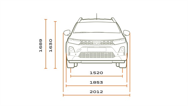 Tehnička skica prednje strane vozila Dacia Jogger s označenim visinama i širinama.