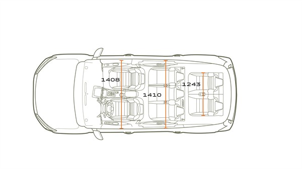Tehnička skica vozila Dacia Jogger iz pogleda odozgo s označenim razmacima između sjedala.