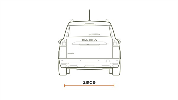 Tehnička skica stražnje strane vozila Dacia Jogger s prikazom širine stražnjeg dijela.