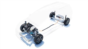 Prikaz tehničke konstrukcije vozila Dacia Jogger, s odvojenim prednjim i stražnjim sklopom ovjesa, motorom i kotačima prikazanim na bijeloj pozadini.