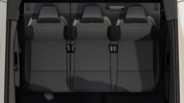 Stražnji red sjedala u vozilu Dacia Jogger prikazan odozgo, s tri podignuta sjedala u drugom redu.