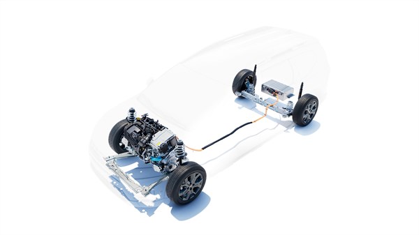 Prikaz pogonskog sklopa Hybrid 155 KS vozila Dacia, s jasno vidljivim motorom, baterijom i povezanim komponentama unutar prozirnog obrisa karoserije.