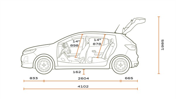 Tehnički prikaz bočnih dimenzija za vozilo Dacia Sandero s označenim mjerama kabine i ukupnom dužinom.