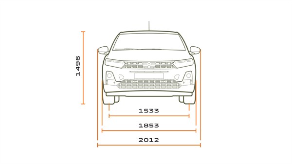 Tehnički prikaz prednjih dimenzija vozila Dacia Sandero s označenom širinom i visinom.