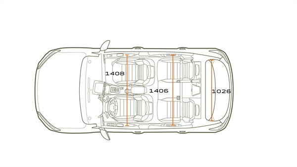 Tehnički prikaz gornjeg pogleda na vozilo Dacia Sandero s označenim unutarnjim razmakom sjedala.