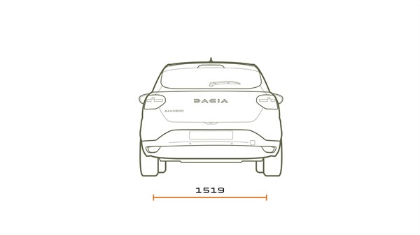 Tehnički prikaz stražnjih dimenzija vozila Dacia Sandero s označenom ukupnom širinom.
