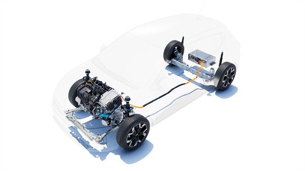 Prikaz pogonskog sklopa vozila Renault s benzinskim motorom, električnim motorom i baterijom.