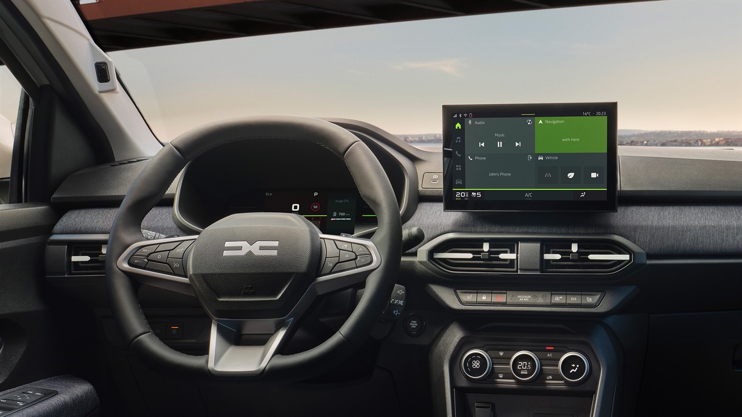 Unutrašnjost vozila Dacia Sandero s prikazom upravljača, digitalnih instrumenata i 10-inčnog središnjeg multimedijskog zaslona.