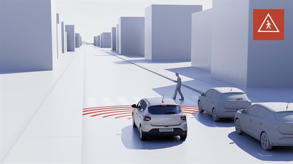 Vozilo Dacia Sandero automatski koči ispred pješaka u gradskoj situaciji uz prikaz sigurnosnog sustava.