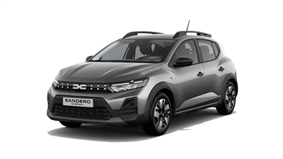 Srebrno vozilo Dacia Sandero Stepway prikazano je sprijeda na bijeloj pozadini.