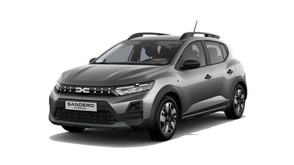 Vozilo Dacia Sandero Stepway Essential ECO-G 120 u sivoj boji prikazano s prednje lijeve strane na bijeloj pozadini.