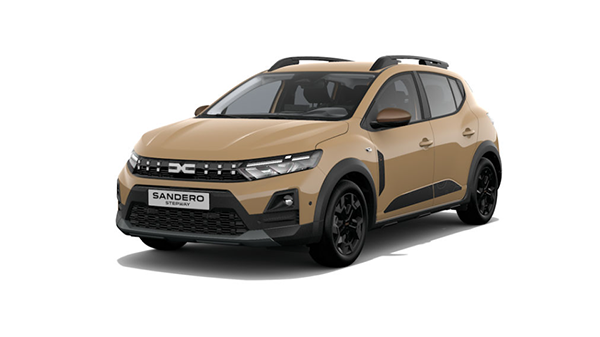 Vozilo Dacia Sandero Stepway u bež boji prikazano s prednje lijeve strane na bijeloj pozadini.








