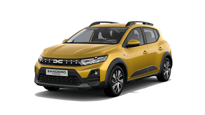 Vozilo Dacia Sandero Stepway u žutoj boji prikazano sprijeda na bijeloj pozadini.

