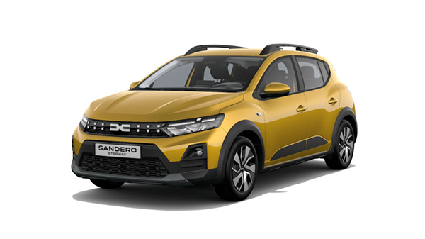 Vozilo Dacia Sandero Stepway Essential u žutoj boji prikazano s prednje lijeve strane na bijeloj pozadini.