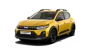 Vozilo Dacia Sandero Stepway žute boje prikazano sprijeda s lijeve strane.

