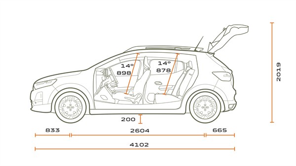 Bočna tehnička skica vozila Dacia Sandero Stepway s označenim dimenzijama duljine, međuosovinskog razmaka i unutarnjih prostora za putnike.