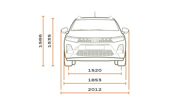 Prednja tehnička skica vozila Dacia Sandero Stepway s prikazom širine i visine vozila.