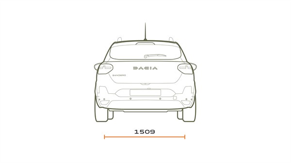 Stražnja tehnička skica vozila Dacia Sandero Stepway s prikazom širine stražnjeg dijela.