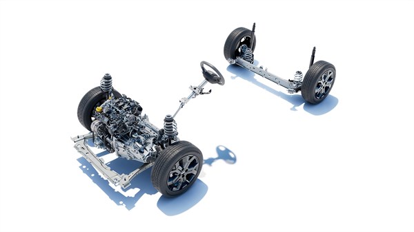 Prikaz pogonskih komponenti vozila Dacia Sandero Stepway TCe 110 u transparentnom prikazu karoserije, s vidljivim motorom i mehaničkim sklopovima.