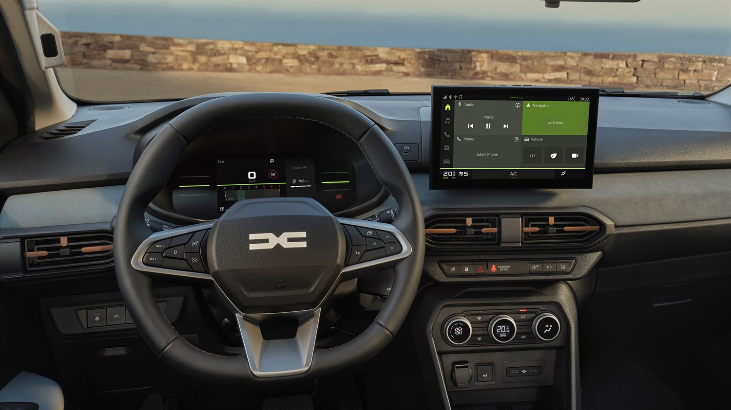 Unutrašnjost vozila Dacia Sandero Stepway s prikazom upravljača, digitalne instrumentne ploče i središnjeg multimedijskog zaslona.