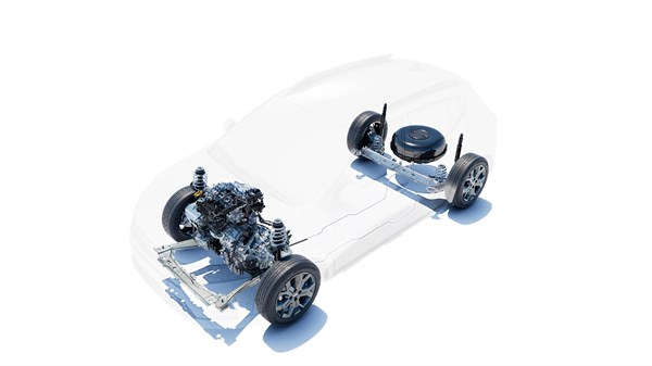 Prikaz pogonskih komponenti vozila Dacia Sandero Stepway ECO-G 120 u transparentnom prikazu karoserije, s vidljivim motorom, spremnikom i mehaničkim sklopovima.