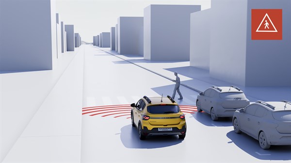 Vozilo Dacia Sandero Stepway prikazano u simulaciji gradske vožnje, s grafičkim prikazom sustava koji prepoznaje pješake i bicikliste.