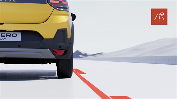 Stražnji dio vozila Dacia Sandero Stepway prikazan u simulaciji s označenim voznim trakom i aktivnim sustavom za zadržavanje u traci.