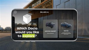 Prikaz pametnog telefona s Dacia sučeljem koje nudi odabir modela za virtualno istraživanje, postavljen na pozadinu modernog arhitektonskog objekta.