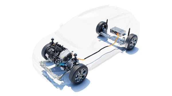 Prikaz pogonskih komponenti vozila Dacia Sandero Stepway hybrid 155 u transparentnom prikazu karoserije, s vidljivim motorom, spremnikom i mehaničkim sklopovima.