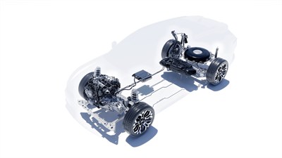 Grafički prikaz 4x4 pogonskog sklopa vozila Dacia Striker s istaknutim prijenosom snage na prednje i stražnje kotače.