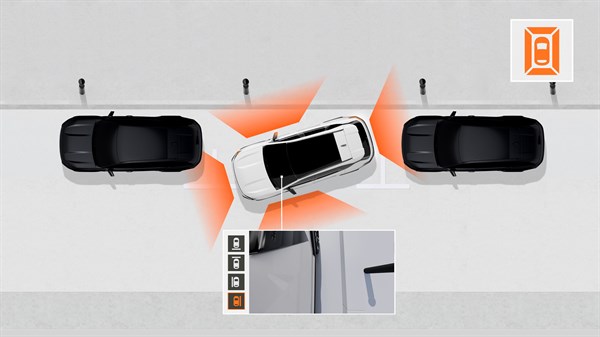 Grafički prikaz multiview kamere koja olakšava manevriranje vozilom Dacia Striker u uskom prostoru.